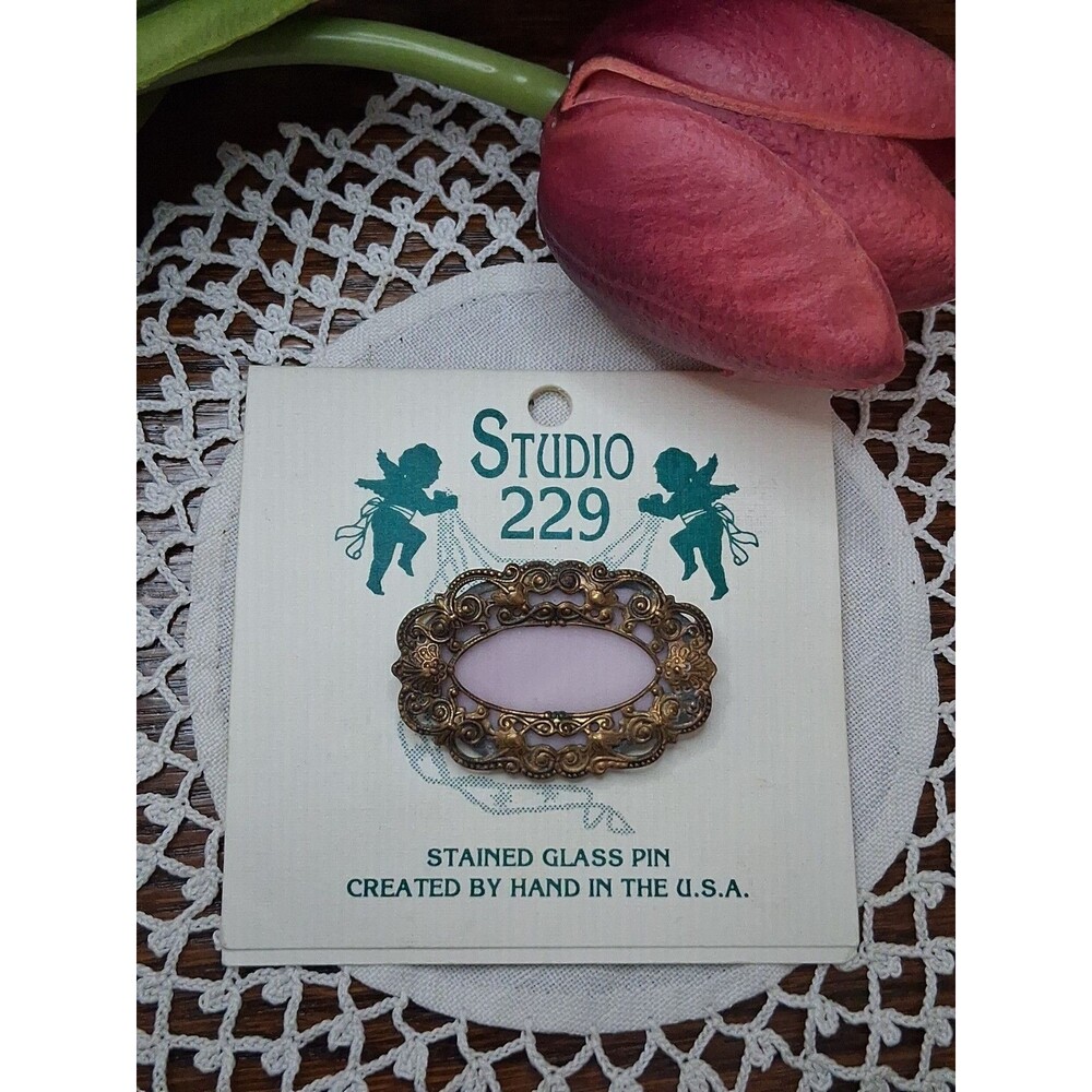 Vintage Artisan Hand Made Studio 229 Bronze Filigree Stained Glass Brooch NWT